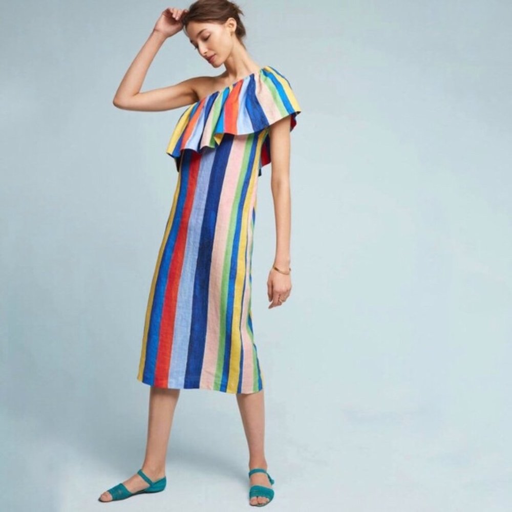 Mara Hoffman Rainbow Striped One Shoulder Dress